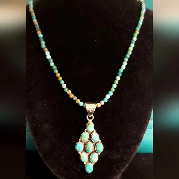 Natural Turquoise Beaded Neckace with Turquiose Pendant in Sterling Silver - Picture 10 of 11